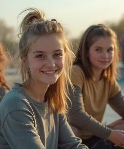 Dwie siedzące nastolatki z usmiechem